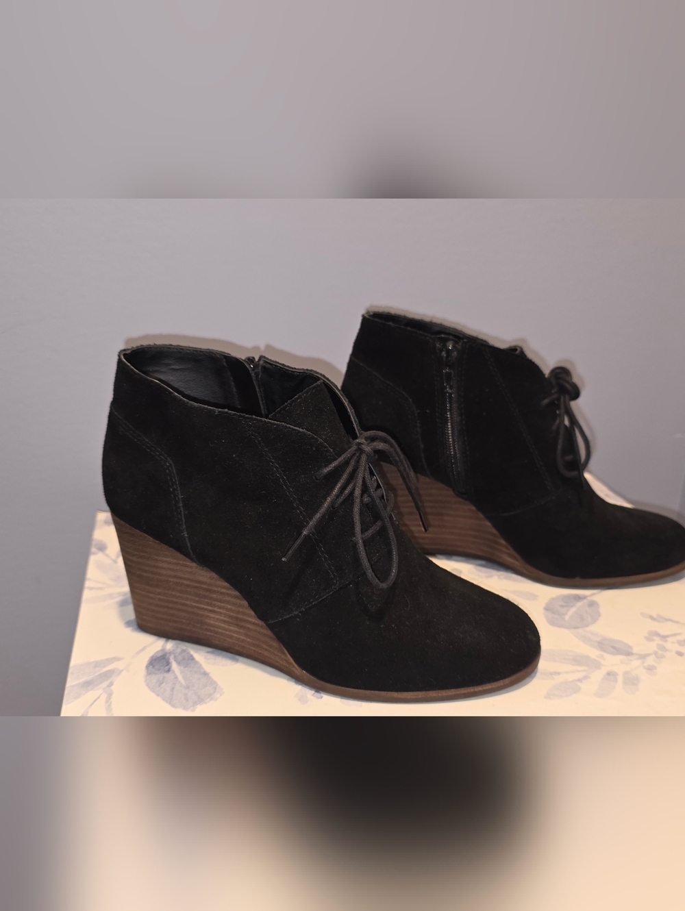 Lucky Brand Black Suede Lace-Up Wedge Booties